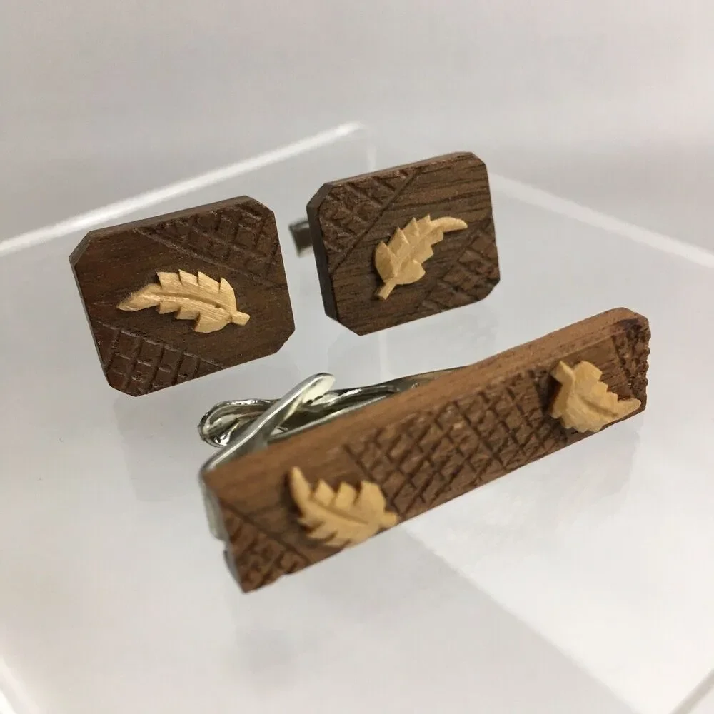 Vintage Etched Wood Leaf Cufflinks & Tie Clip Wooden Leaves Layered Modern H1